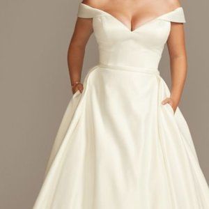 Ivory off shoulder satin gown wedding dress